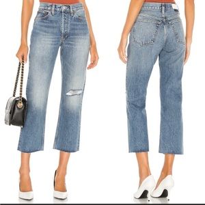 Re/Done Blue High Rise Jeans In Arroyo Blue with Rip